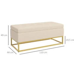 Bænk Med Opbevaringsplads, Polstret Bænk Med Foldelåg I Fløjlslook, Sengebænk Med Stålben, Beige, 110X44X49Cm