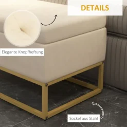 Bænk Med Opbevaringsplads, Polstret Bænk Med Foldelåg I Fløjlslook, Sengebænk Med Stålben, Beige, 110X44X49Cm