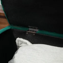 Bænk med opbevaringsplads, sædekiste med åbnet låg, fløjlsrør, polstret bænk, gummitræ, mørkegrøn, 120 x 46 x 42 cm