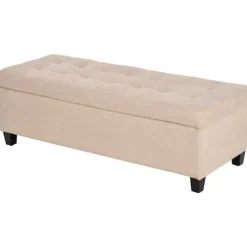 Bænk, polstret bænk med opbevaringsplads, sengebænk med låg, linnedlook, kistebænk, opbevaringsbænk til stue, soveværelse, beige