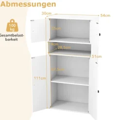 Bogreol med 4 døre, justerbar hylde, anti-tip, hvid