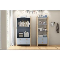Bogreol med 2 skuffer & 4 hylder, fyrretræsramme med massive træhåndtag, 70x180cm, blå & naturligt træ Natural+blue