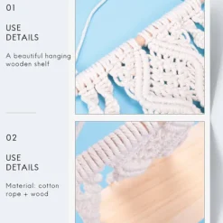 Boho Macrame Væghængt Hylde Håndlavet Vævet Kvaster Gobelin Rack Træ Flydende Opbevarings Hænger Fo
