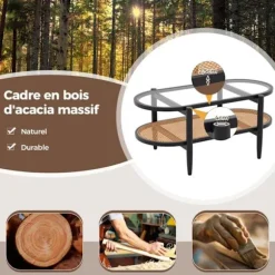 Bord - COSTWAY - Oval 2 niveauer - Ramme i sort træ - Plade i hærdet glas - Rattan hylde PE Sort og brun