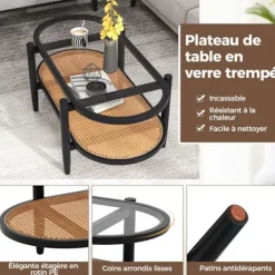 Bord - COSTWAY - Oval 2 niveauer - Ramme i sort træ - Plade i hærdet glas - Rattan hylde PE Sort og brun