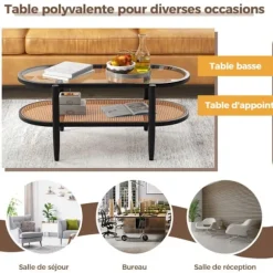 Bord - COSTWAY - Oval 2 niveauer - Ramme i sort træ - Plade i hærdet glas - Rattan hylde PE Sort og brun