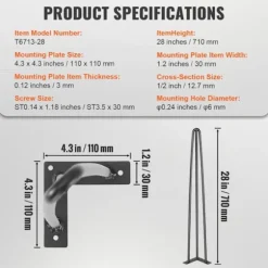 Bordben i Hårnålsdesign - DUOKU - 0,7 m - Pakke med 4 - Maksimal Belastning 408 kg - Sort Metal
