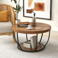 Bordplade 80 cm med 2 niveauer COSTWAY, metalramme, rund sidebord i træ til stue, naturlig Naturlig