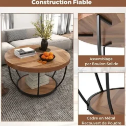 Bordplade 80 cm med 2 niveauer COSTWAY, metalramme, rund sidebord i træ til stue, naturlig Naturlig