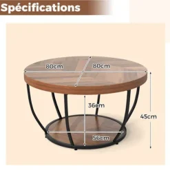 Bordplade 80 cm med 2 niveauer COSTWAY, metalramme, rund sidebord i træ til stue, naturlig Naturlig