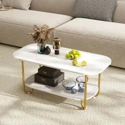 Bordplade i Falsk Marmor med 2 Niveauer COSTWAY, Runde Kantes, Opbevaringshylde, Stuebord 100x50x45cm, til Værelse Kontor Vitt och guld