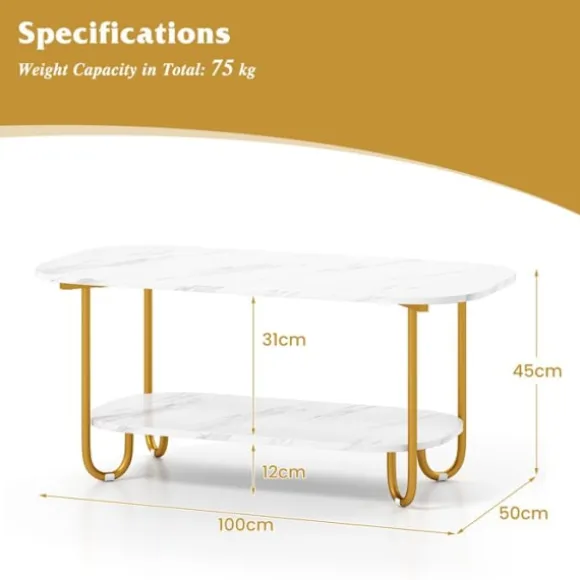 Bordplade i Falsk Marmor med 2 Niveauer COSTWAY, Runde Kantes, Opbevaringshylde, Stuebord 100x50x45cm, til Værelse Kontor Vitt och guld