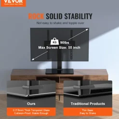Bordplade TV-stander til 32-55 tommer skærme, drejelig universal TV-standerfod med 6 niveauer højdejusterbart design, kraftig hærdet glasbase til