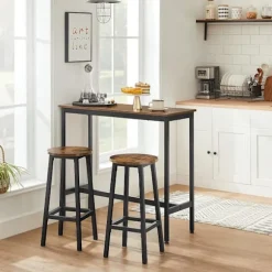 Bordsæt, Højt bord med 2 skamler, Køkkenbord og Køkkenstole, Brun
