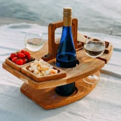 Bærbart ostebord i træ, frugtbakke, fad til nødder og vin