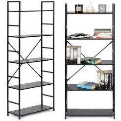 Bred moderne LOFT reol i træ med 5 hylder, sort