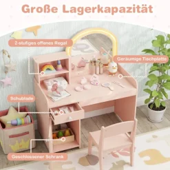 Børnemøbelsæt med LED-spejl, skammel og opbevaring