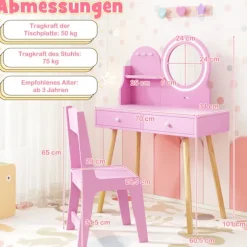 Børnemøbelsæt med oplyst spejl, lyserødt prinsessetema