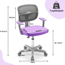 Børneskrivebordsstol 360° drejelig ungdomsstol 80-91,5 cm højdejusterbar 54 x 50 x 80-91,5 cm lilla