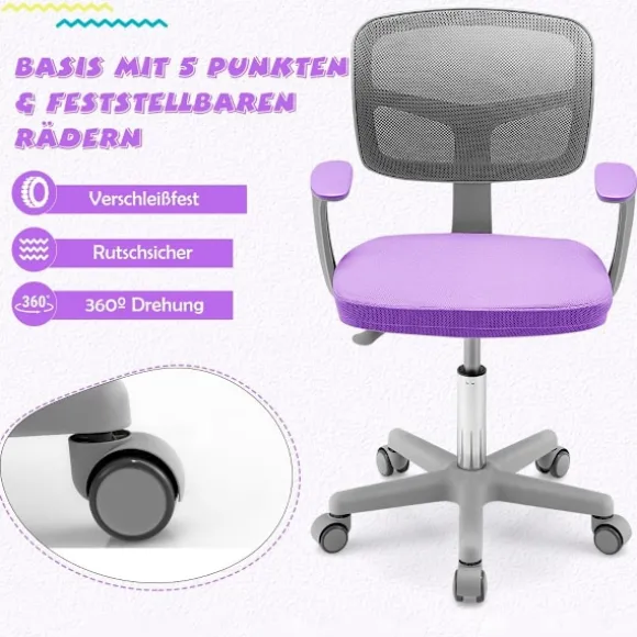 Børneskrivebordsstol 360° drejelig ungdomsstol 80-91,5 cm højdejusterbar 54 x 50 x 80-91,5 cm lilla