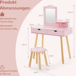 Børnevaske- og skrivebordssæt med aftageligt spejl, Pink