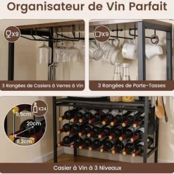 Buffet de Cuisine 165 cm Multi-Niveau COSTWAY, Stikdåse, Glas- og Krusholdere, 24 Flaskeholdere, 8 Kroge