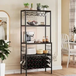 Buffet de Cuisine 165 cm Multi-Niveau COSTWAY, Stikdåse, Glas- og Krusholdere, 24 Flaskeholdere, 8 Kroge