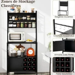 Buffet i Køkken med Strømstik COSTWAY, Vinflaskestativ, Metalramme, til Køkken Stue Spisestue, Sort Svart