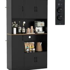 Buffet i køkkenet 180 CM med opladningsstik fra COSTWAY med mikrobølgeovnsstativ, moderne kaffebar i træ, sort Svart