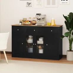 Buffet Køkken 140CM COSTWAY, 3 Skuffer, 2 Glasdøre, Justerbare Hylder, Barbord til Kaffe til Spisestue Stue, Sort svart och naturligt