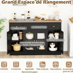 Buffet Køkken 140CM COSTWAY, 3 Skuffer, 2 Glasdøre, Justerbare Hylder, Barbord til Kaffe til Spisestue Stue, Sort svart och naturligt