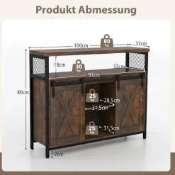 Buffetskab med 3-lags justerbare hylder & skydedøre & åbne rum i bondehusstil
