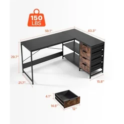 Bureau Gaming Vinkel 150 cm-Duoku-L-formet Skrivebord-Reversibel PC-Computerbord-med Skuffer og Opbevaringshylder