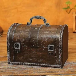 [CA] Træskattekiste, Piratskattekiste Opbevaringsboks med frontlås, Unikt håndlavet vintage design, Egnet til opbevaringsboks/gaveæske (8,5 * 5