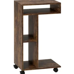 C-formet sidebord med hjul, 3 hylder, rustik brun