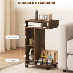 C-formet sidebord med hjul, 3 hylder, rustik brun