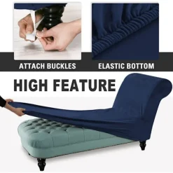 Chaiselongue-betræk i fløjl med armlæn, strækbart chaiselongue-betræk, møbelbeskyttelsesbetræk, chaiselongue-sofabetræk, mørkeblå