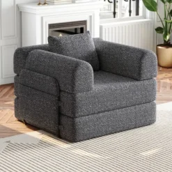 Chenille 2-i-1 sovesofa med opbevaringsrum i armlænet, 3 metalrammer og flere konfigurationsmuligheder Grey