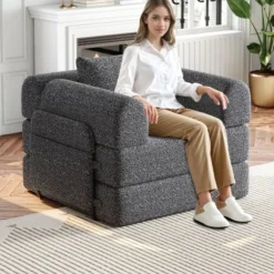 Chenille 2-i-1 sovesofa med opbevaringsrum i armlænet, 3 metalrammer og flere konfigurationsmuligheder Grey