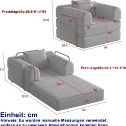 Chenille 2-i-1 sovesofa med opbevaringsrum i armlænet, 3 metalrammer og flere konfigurationsmuligheder Grey