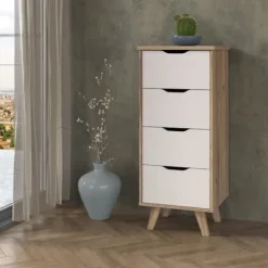 Chiffonnier VANKKA 4 Skuffer - Egetræ og hvid - Skandinavisk stil - L 45 x P 42 x H 108 cm