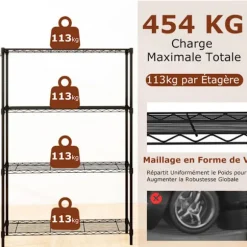 138,5cm Reol med 4 Niveaer COSTWAY, Justerbar Reol, V-formet Wiregitter, Belastning 452kg, til Hus Køkken Garage Svart
