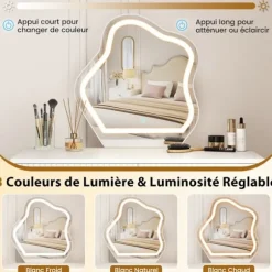 Coiffeuse med LED-spejl COSTWAY, 3 belysningsmuligheder, 5 skuffer, sidebord, rillet finish, metalben Vit och svart