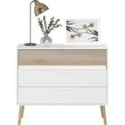 Commode AALBORG 3 Skuffer - Hvid og eg - Skandinavisk - L 90,8 x P 40 x H 77,5cm - PARISOT vit och ek
