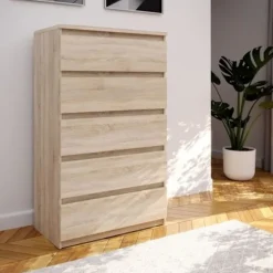 Commode CHELSEA 5 skuffer - Egetræ dekoration - L 77,2 x P 42,2 x H 128,1cm Sonoma ek