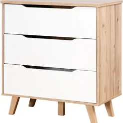 Commode VANKKA 3 Skuffer - Egetræ og hvid - Skandinavisk - L 80 x P42 x H86,3cm Matt vit / Naturlig ek