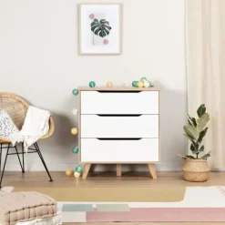 Commode VANKKA 3 Skuffer - Egetræ og hvid - Skandinavisk - L 80 x P42 x H86,3cm Matt vit / Naturlig ek
