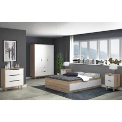 Commode VANKKA 3 Skuffer - Egetræ og hvid - Skandinavisk - L 80 x P42 x H86,3cm Matt vit / Naturlig ek