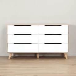 Commode VANKKA 6 skuffer - Egetræ og hvid - Skandinavisk - L 154 x P 42 x H 86 cm