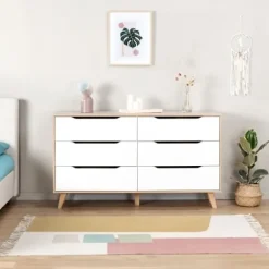 Commode VANKKA 6 skuffer - Egetræ og hvid - Skandinavisk - L 154 x P 42 x H 86 cm